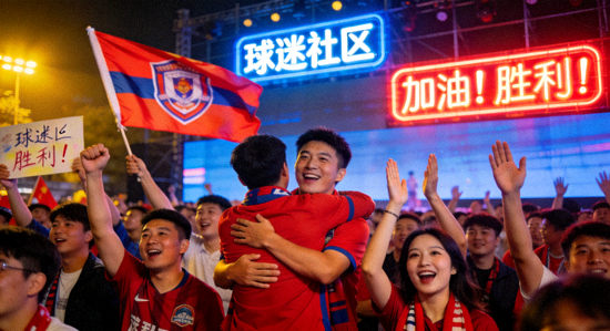球迷社区互动场景 - 众多球迷在屏幕前热烈讨论与庆祝